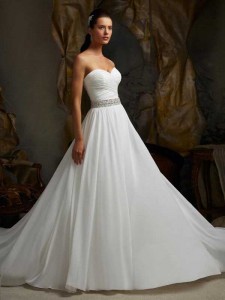  A-line Sweetheart Sleeveless Court Train White Chiffon Wedding Dress