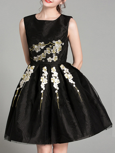 Black Gauze Embroidered A-Line Dress