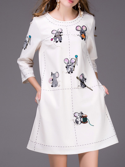 White Mouse Sequined Embroidered Shift Dress